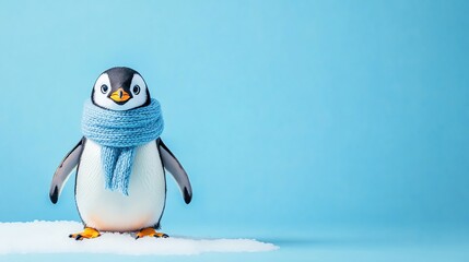 A cartoon penguin wearing a scarf stands on snow against a blue background.