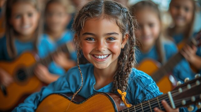 Smiling Girl Playing Acoustic Guitar Illustration