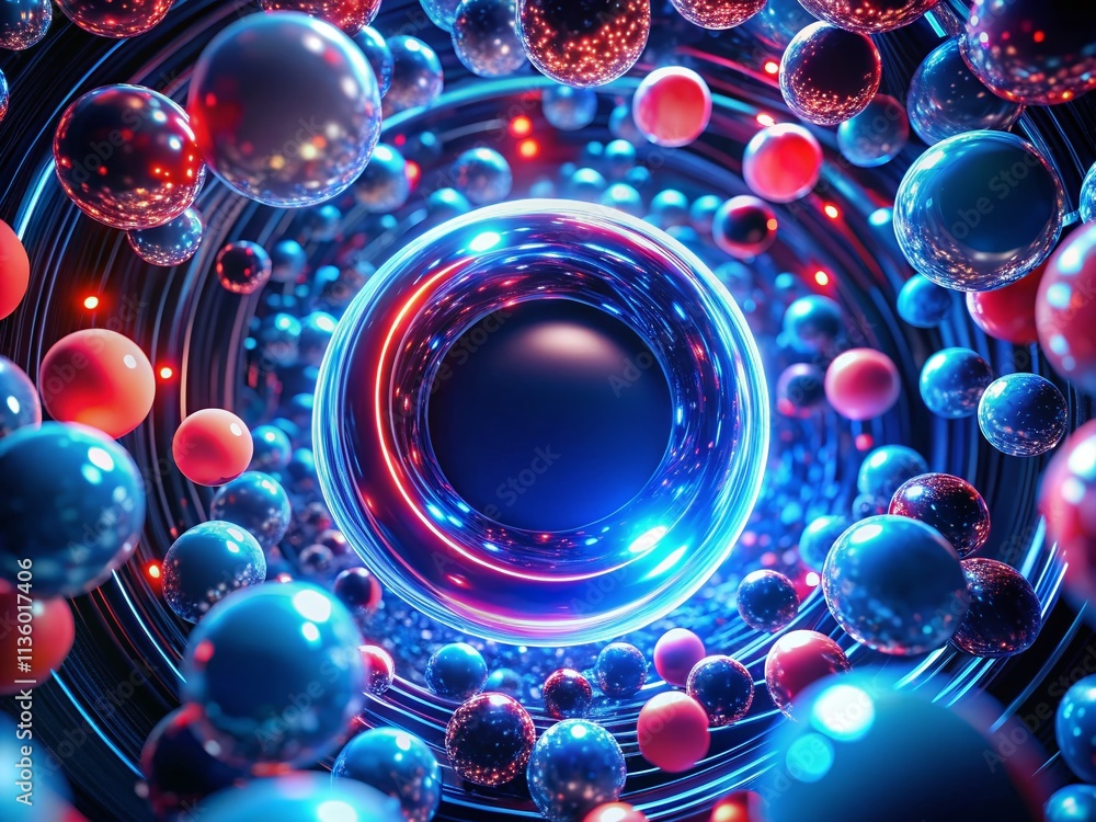Poster abstract futuristic motion background with blue and red neon balls orbiting a black hole in vibrant 