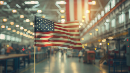 Close-up of an American flag waving in the wind with blurred factory workers in the background celebrating Labor Day.