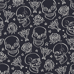 Seamless pattern with hand drawn black and white inky floral skulls surrounded by luna moths and roses. Skeleton heads monochrome repeat background with butterflies and flowers.