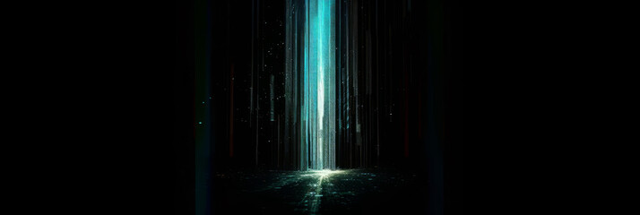 A vertical digital pipeline descending straight down, glowing against the black background.