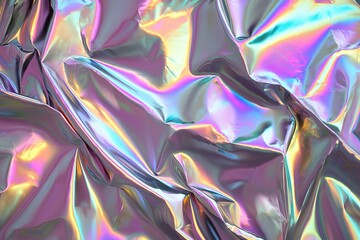 Unique texture of holographic iridescence displays vibrant colors and reflective qualities in a wavy composition
