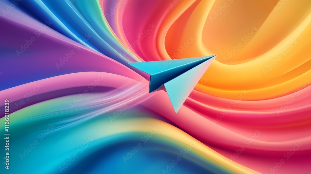 Poster dynamic color wave abstract art with paper airplane flying digital creation in vibrant environment u