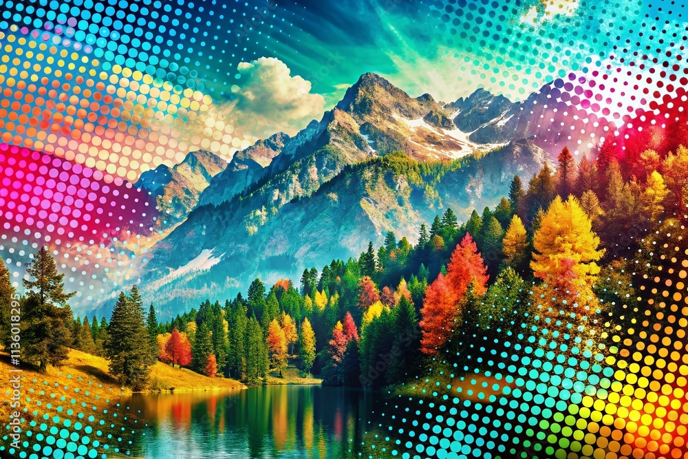 Poster abstract halftone dotted shape paint blob with noisy effect in landscape photography, showcasing viv