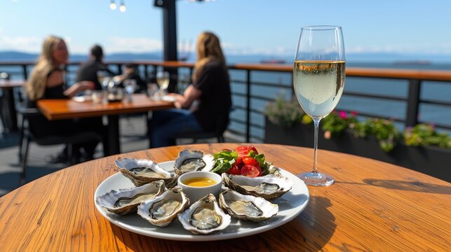 Enjoying fresh oysters and wine at a coastal restaurant seattle food photography scenic view culinary experience
