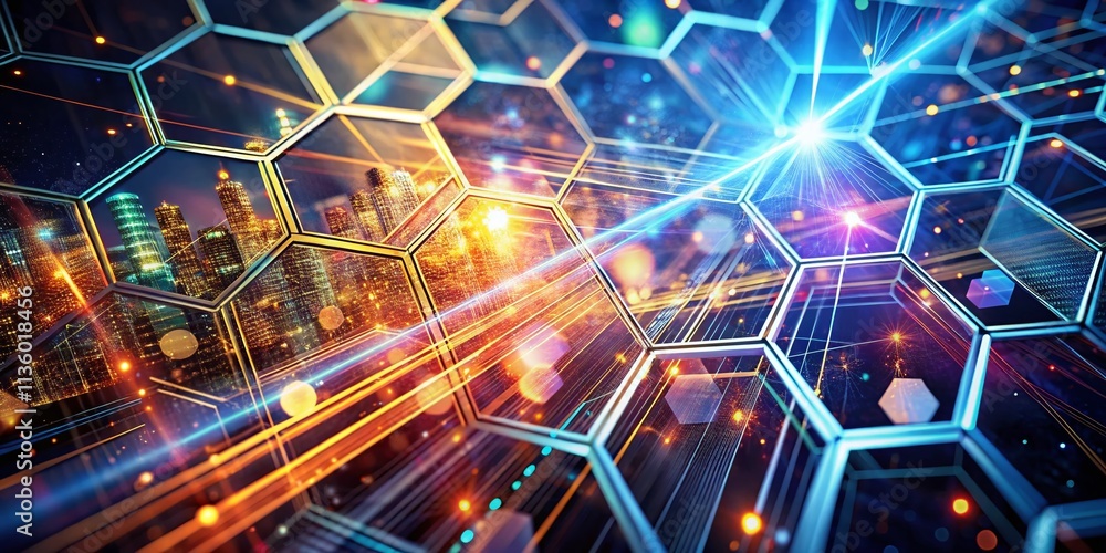 Poster abstract hexagon network in double exposure photography with dynamic light trails and futuristic ele
