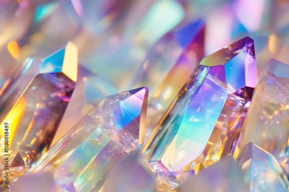 Poster iridescent crystals reflecting light in vibrant colors captured in intricate detail