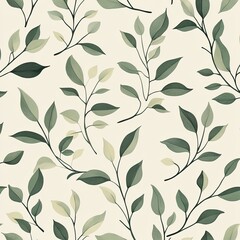 Seamless pattern of green leaves and branches on a beige background.