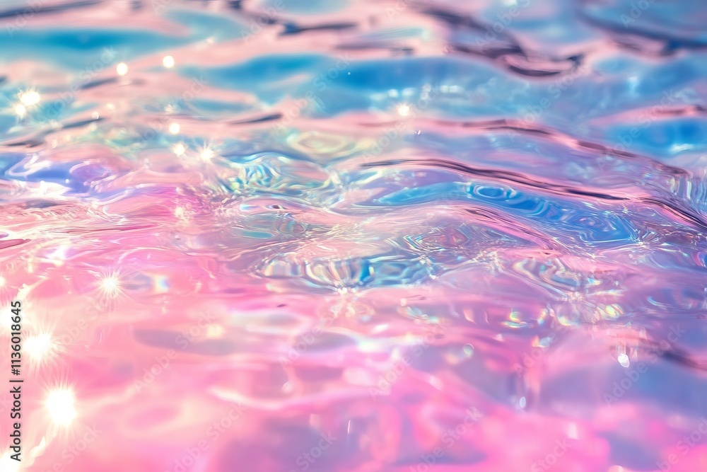 Poster Iridescent liquid surface reflecting colors under sunlight with gentle ripples creating a mesmerizing abstract pattern