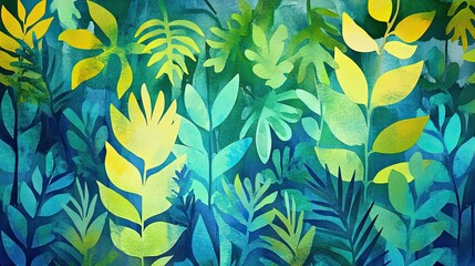Abstract Watercolor Painting of Lush Green and Yellow Foliage