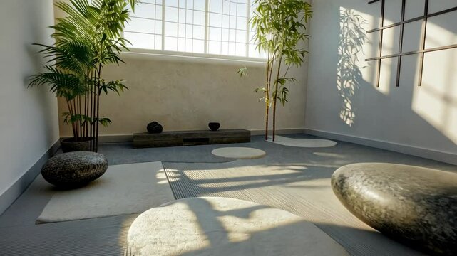 Modern zen room design with natural elements and soft lighting creating a peaceful atmosphere for relaxation and meditation practices