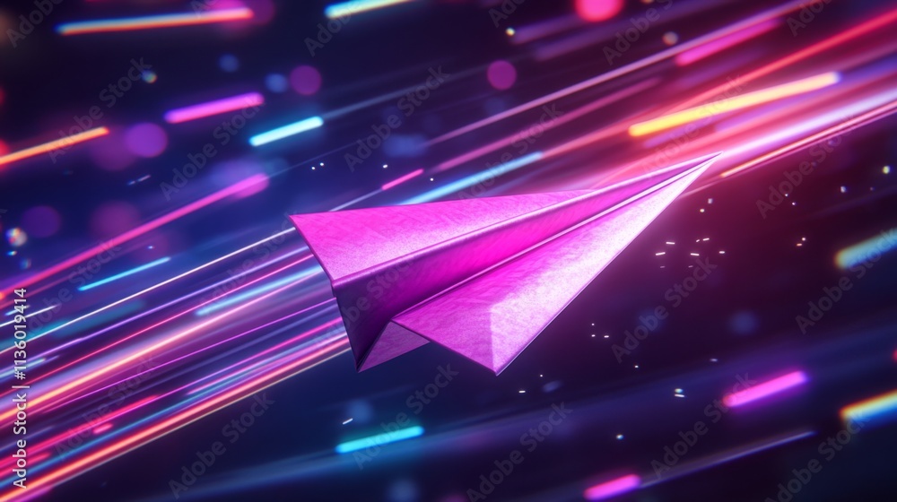 Poster dynamic flight of a pink paper airplane digital space graphic animation futuristic environment abstr