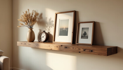 Stylish Home Decor with Wooden Shelf and Frames
