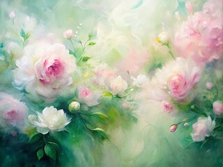 Abstract Painting in Soft Pink, Green, and White Colors with High Depth of Field for Artistic Home Decor and Modern Interior Design Inspiration