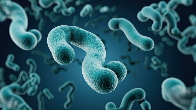 The microscopic depiction highlights pseudomonas bacteria exhibiting its distinct spiral form and intricate surface details in a laboratory like setting