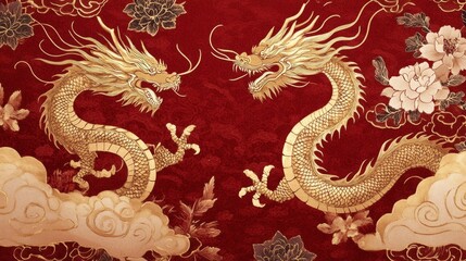 Obraz premium Dragon duel chinese mythology art illustration vibrant red background dynamic composition cultural symbolism