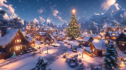 A picturesque snowy village scene with twinkling holiday lights adorning the homes, a grand Christmas tree glowing in the square, snow-covered rooftops and trees glistening under the moonlight,
