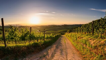 Fototapeta premium a beautiful view of a vineyard at sunset 