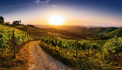 Naklejka premium a beautiful view of a vineyard at sunset 