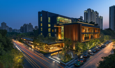Fototapeta premium A large residential building with an exterior of dark wood and glass, located in the middle ground on top of a busy street at night, surrounded by trees and other buildings. 