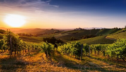 Fototapeta premium a beautiful view of a vineyard at sunset 