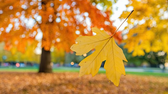 A close up view of a bright yellow autumn leaf suspended in the air set against a backdrop of orange and red leaves in a serene park on a sunny day - Powered by Adobe