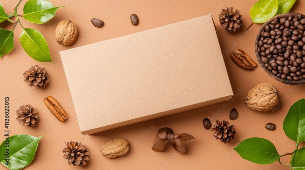 Poster create a flat lay image of a box mockup with natural elements soft background product photography mi