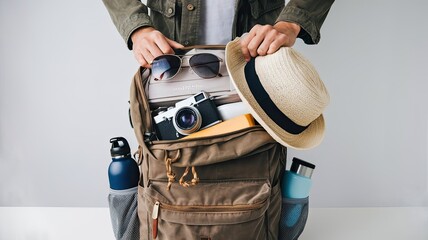 A traveler packs their backpack with a camera water bottle sunglasses and a hat preparing for an exciting journey ahead in a minimalist environment