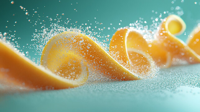 Orange peel curls with sparkling water droplets on teal background