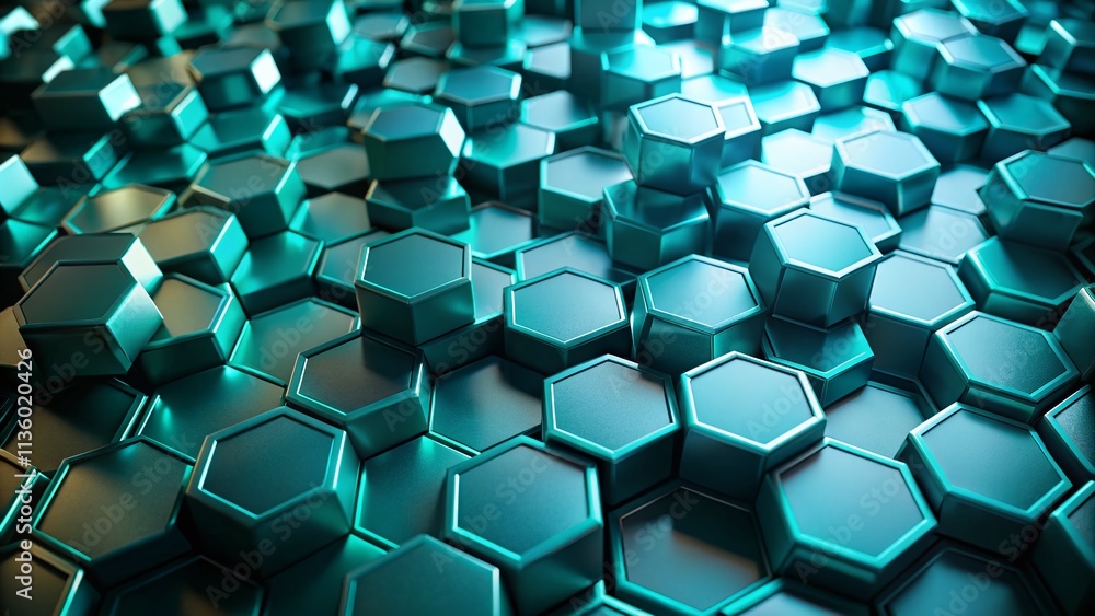 Poster abstract teal hexagons in low light: a stunning 3d pattern design showcasing depth and geometry for 