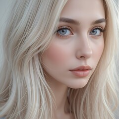 Fototapeta premium Close-up portrait of a young woman with long blonde hair and beautiful blue eyes. She has a serene and elegant expression.