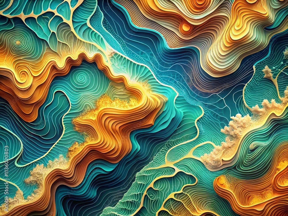 Poster abstract waves and topographic map contours in an artistic blend of patterns and geometric lines for