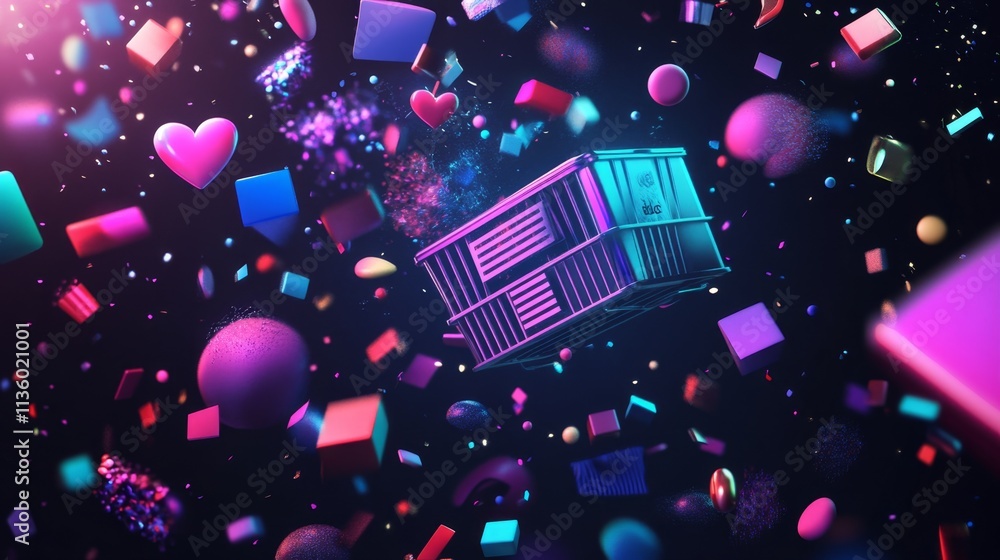 Aufkleber vibrant floating shapes and container digital space abstract art colorful environment creative persp