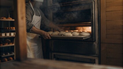 Baker preparing fresh bread in a traditional oven during early morning hours in a cozy bakery. Inviting bakery filled with the aroma of freshly baked goods