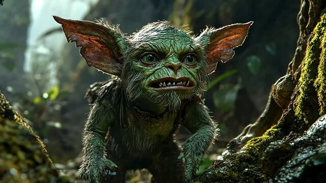 A digital rendering of a furry, green creature with large ears, resembling a goblin or gremlin, standing in a dark, mossy forest.
