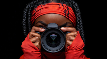 Focused on the Lens: A close-up portrait of a determined female photographer with braided hair, her eyes intently focused through the viewfinder of her DSLR camera.