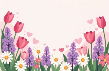 Frame made with beautiful spring tulips, daisies, lilac on pink background, top view. Space for text