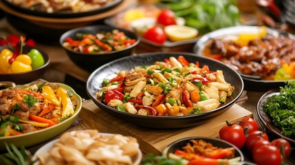 Obraz premium Vibrant vegetarian buffet display with colorful vegetable platters and fresh salads : Generative AI