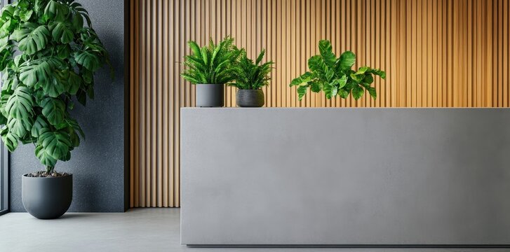 Elegant close-up of a polished concrete reception counter showcasing modern design and sophistication.