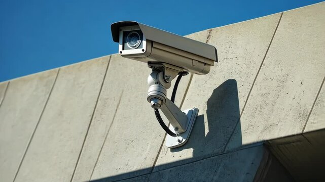 Security camera mounted on a concrete wall under clear blue sky