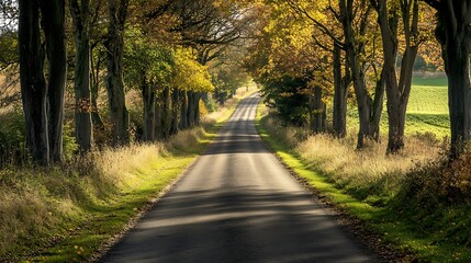 Obraz premium Scenic Autumn Road Lined with Trees and Golden Foliage in Tranquil Countryside Setting at Sunrise : Generative AI
