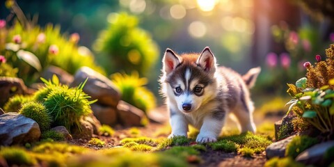 Adorable Husky Puppy Tilt-Shift Photography, Miniature Husky Dog, Cute Toy Husky, Small Husky, Diarama Husky, Tilt Shift Dog Photo