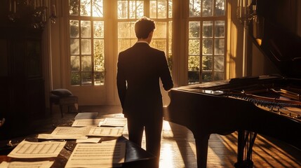 A man in a suit stands by a grand piano, bathed in warm sunlight streaming through large windows, surrounded by sheet music and beauty.