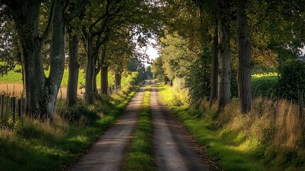 Fototapeta premium Quaint Rural Road Flanked by Verdant Foliage in Bright Daylight Ideal for Nature Lovers : Generative AI