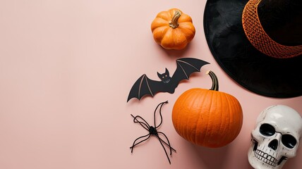 Halloween decorations including pumpkins and a decorative hat are creatively displayed on a soft pastel background perfect for the season