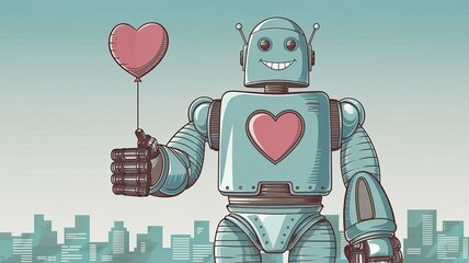 A friendly giant robot stands in a vibrant city joyfully holding a pink heart shaped balloon radiating positivity with its bright smile and heart design
