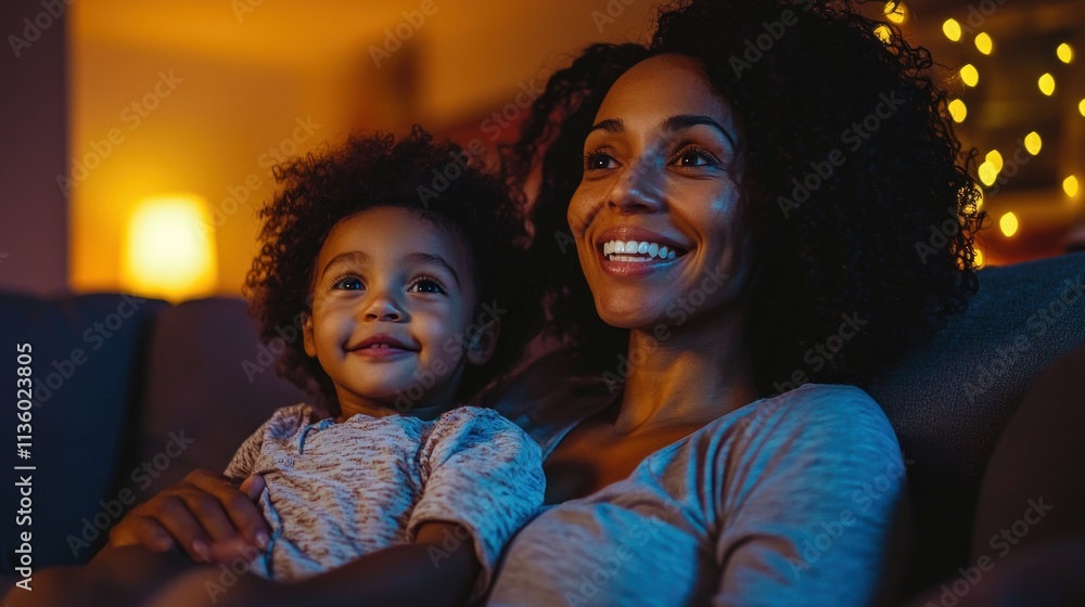 Wall mural Single mother and child enjoying a cozy movie night at home, highlighting their close relationship