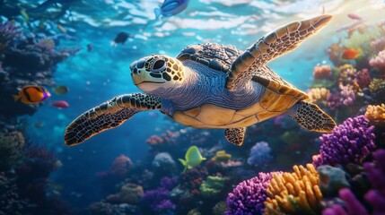 Obraz premium A graceful sea turtle swims through vibrant coral reefs filled with colorful fish and marine life.