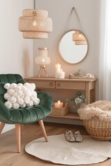 Cozy Corner Room Decor With Green Chair And Woven Lights